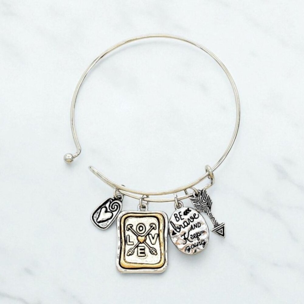 Silvertone "Be Brave and Keep Going" Love Disc Bracelet